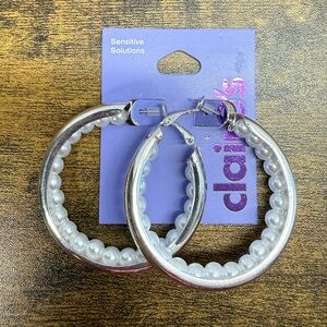 Claire's Silver Hoop Earrings with White Pearl Accents NWT